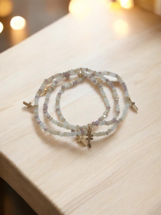 Ivory Beaded Bracelets with Gold Crosses
