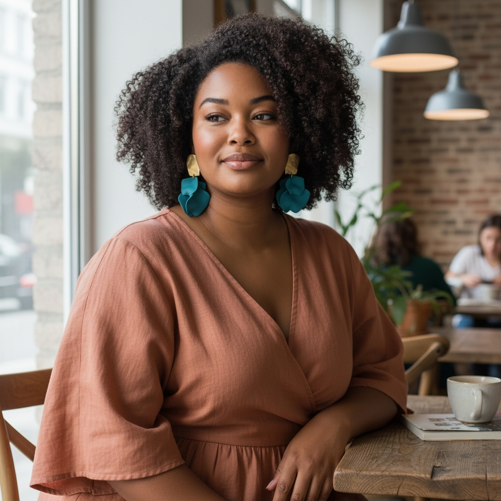 Woman wearing Turquoise drop petal earrings